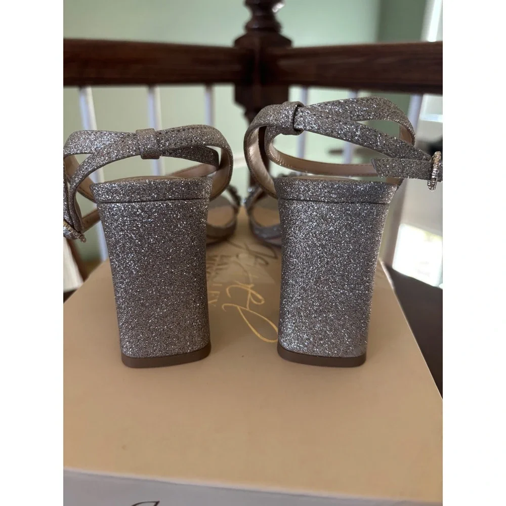Jewel Badgley Mischka Glitter Block Heel Sandals Crystal Embellished Size 6.5 - Picture 3 of 6